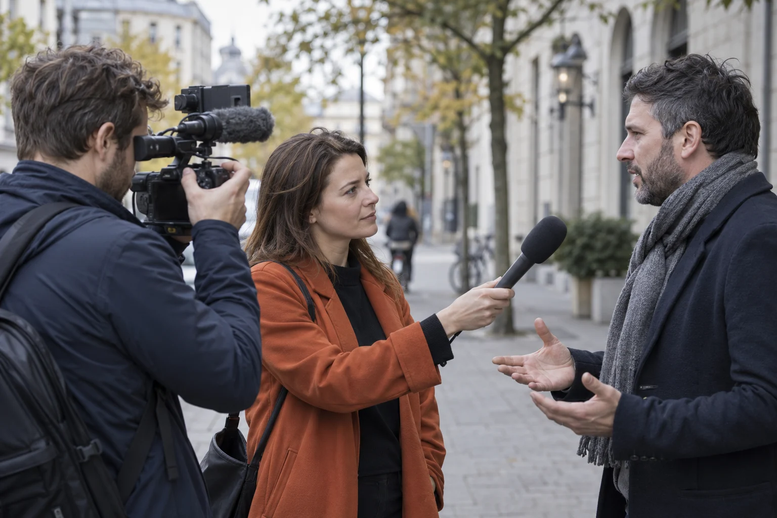 Ein kleines Kamerateam führt draußen ein Interview mit einer Journalistin.